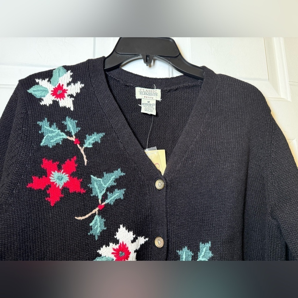 Classic Elements Christmas Holly Embroidered Black Sweater Cardigan Medium NWT - Picture 3 of 9